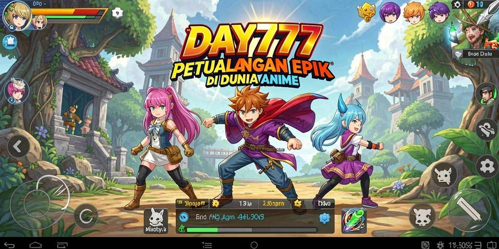 Screenshot dari gameplay DAY777 yang menampilkan pertempuran karakter Anime.