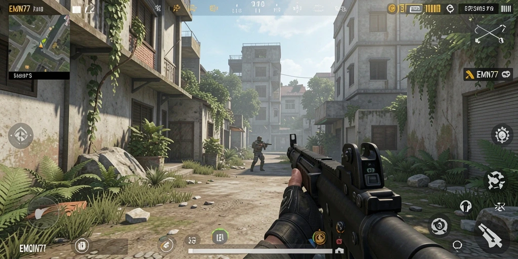Screenshot gameplay EMON77 dengan aksi tembak-menembak yang intens.
