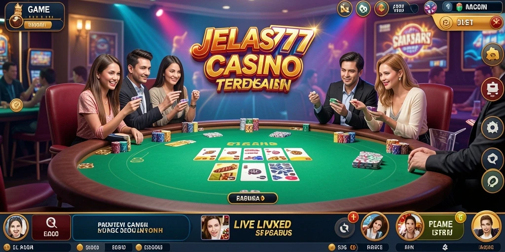 Screenshot utama JELAS777 menampilkan dealer langsung dalam permainan Live Casino.