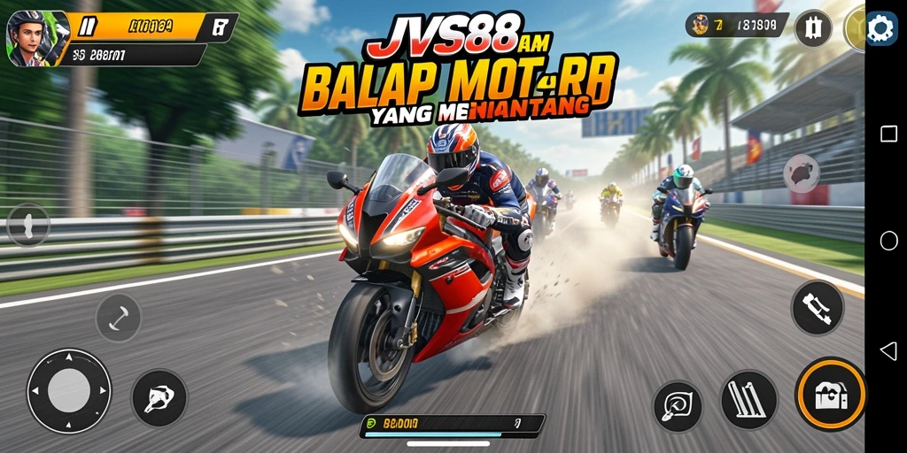 Tampilan gameplay menegangkan dalam JVS88 dengan balapan motor yang cepat.