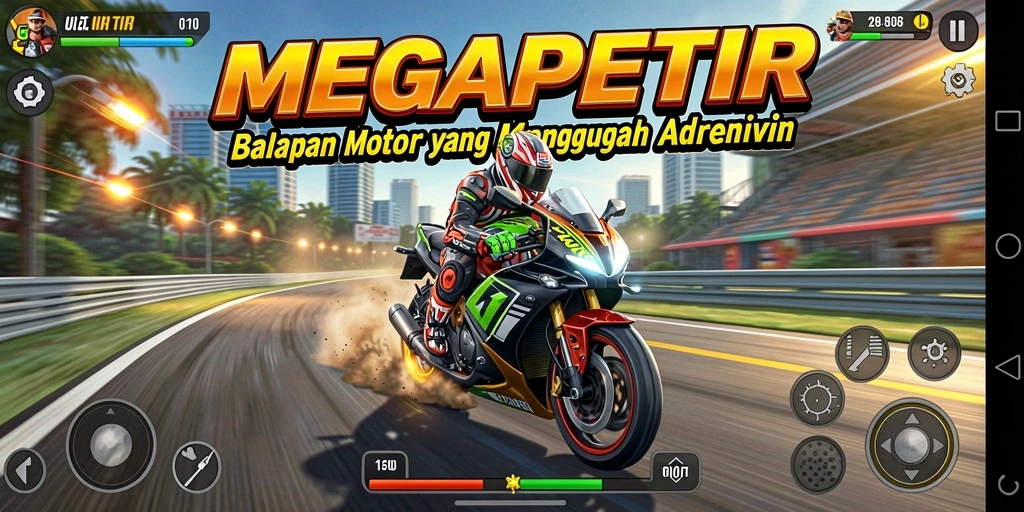 Screenshot utama MEGAPETIR menampilkan aksi balapan motor yang seru di lintasan.