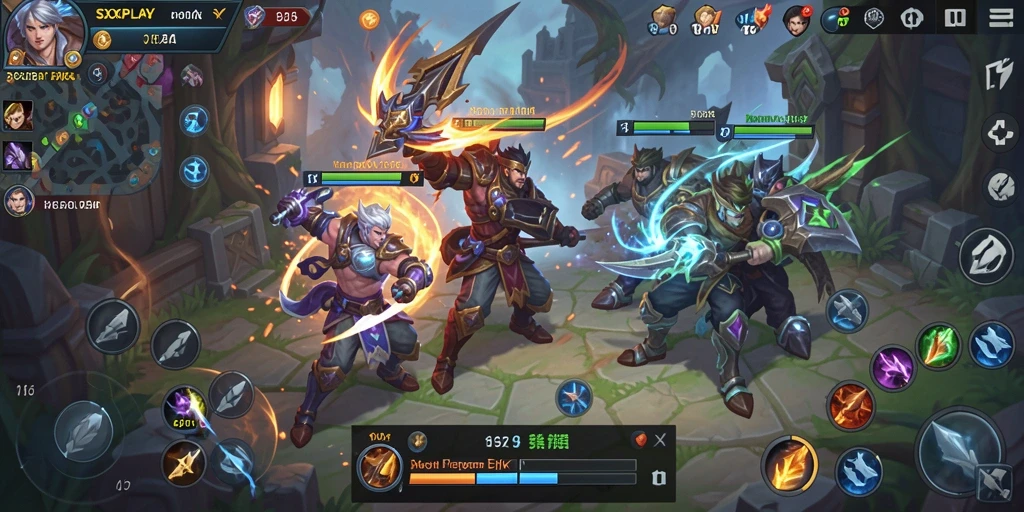 Tangkapan layar SXXPLAY menampilkan aksion seru dalam permainan MOBA.